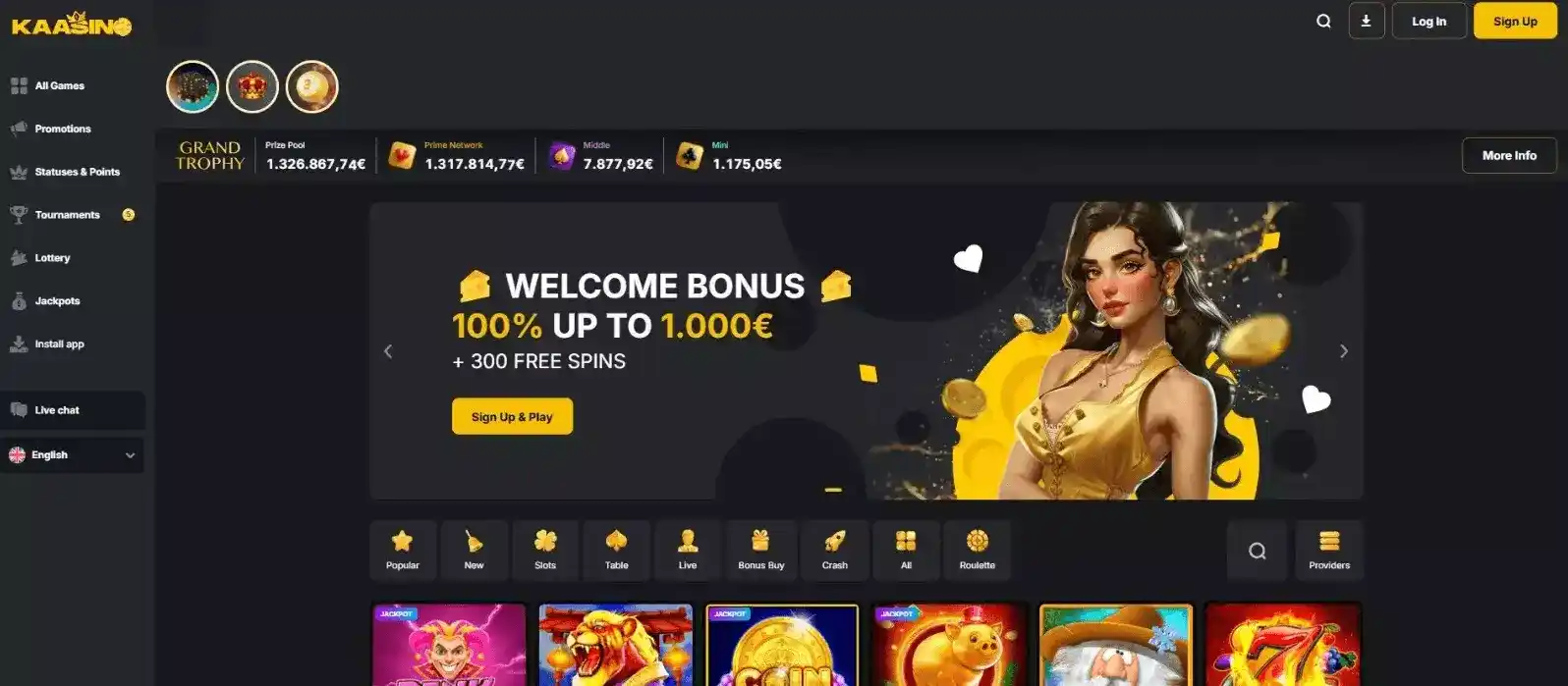 Current Kaasino homepage interface