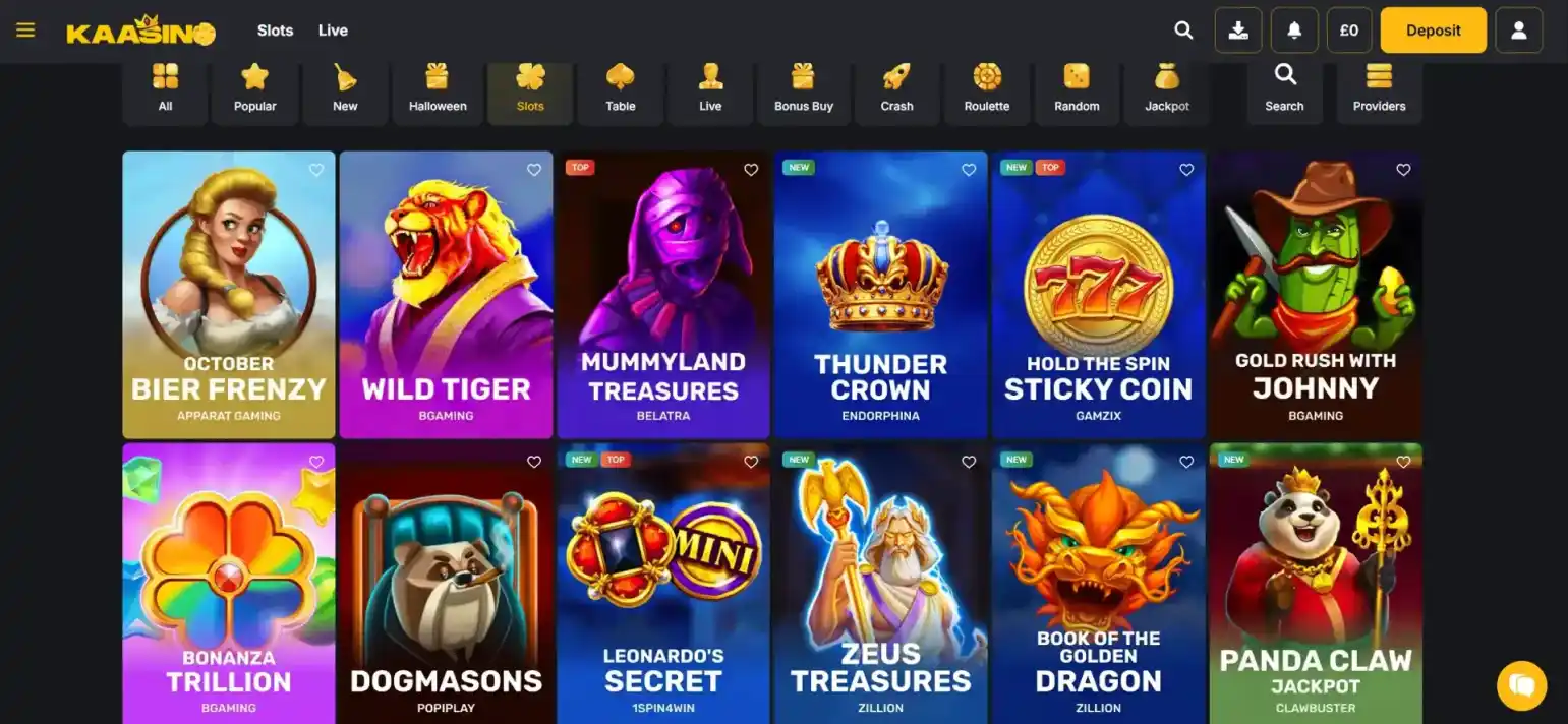 Kaasino games lobby showing casino categories